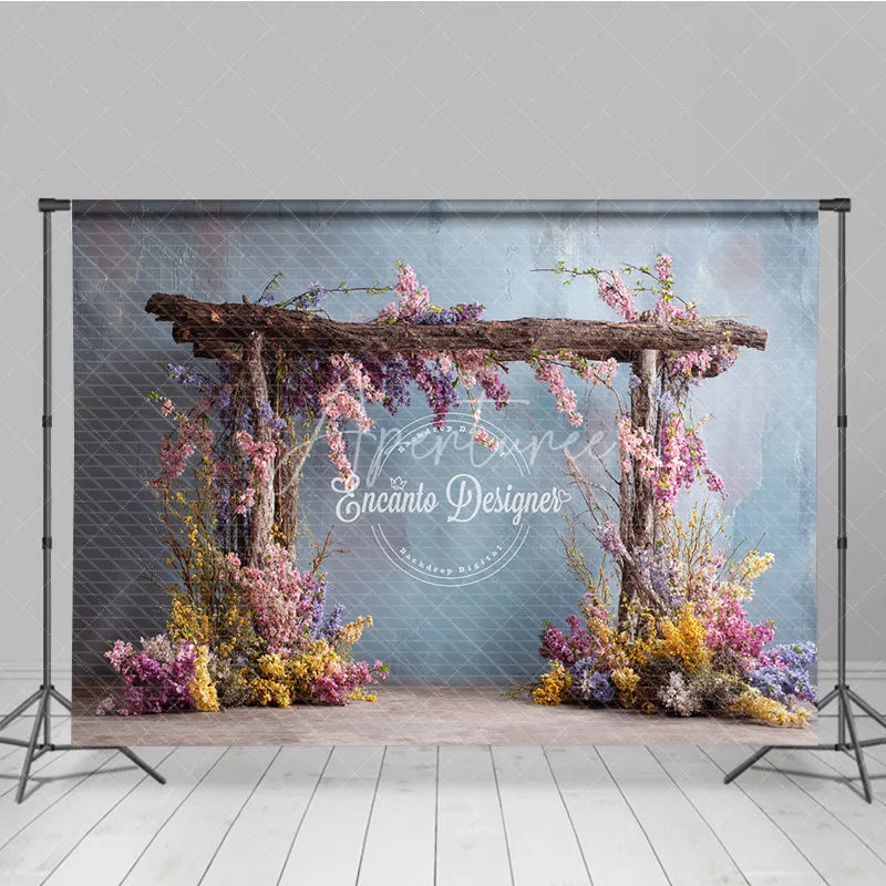 Aperturee - Aperturee Rustic Wooden Arch Photography Backdrop with Spring Flowers Fine Art Painterly Enchanted Garden Background