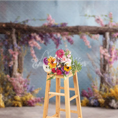 Aperturee - Aperturee Rustic Wooden Arch Photography Backdrop with Spring Flowers Fine Art Painterly Enchanted Garden Background