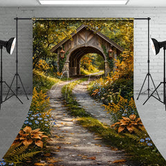 Aperturee - Aperturee Rustic Wooden Archway Autumn Forest Sweep Backdrop Enchanting Winding Path and Golden Wildflowers Photography