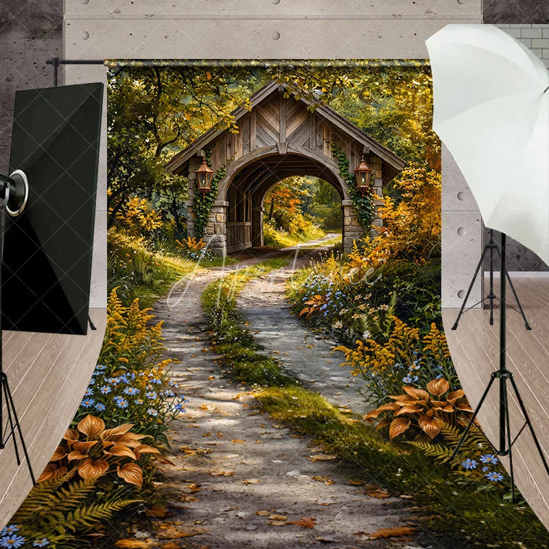 Aperturee - Aperturee Rustic Wooden Archway Autumn Forest Sweep Backdrop Enchanting Winding Path and Golden Wildflowers Photography