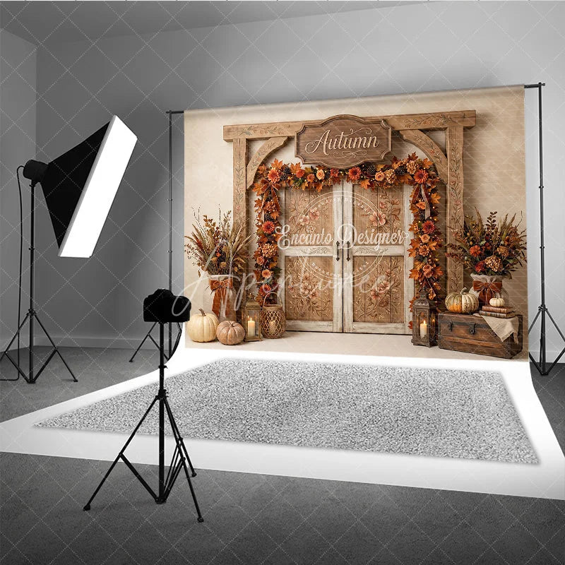 Aperturee - Aperturee Rustic Wooden Archway Autumn Photography Backdrop with Double Doors Fall Leaves and Pumpkins Decor
