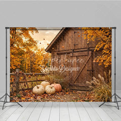 Aperturee - Aperturee Rustic Wooden Barn and Pumpkins Autumn Photography Backdrop Golden Fall Leaves Harvest Photo Shoot Decor