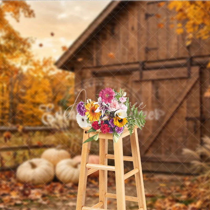 Aperturee - Aperturee Rustic Wooden Barn and Pumpkins Autumn Photography Backdrop Golden Fall Leaves Harvest Photo Shoot Decor