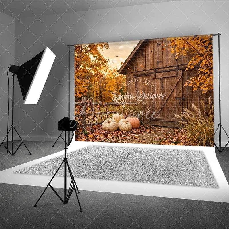 Aperturee - Aperturee Rustic Wooden Barn and Pumpkins Autumn Photography Backdrop Golden Fall Leaves Harvest Photo Shoot Decor