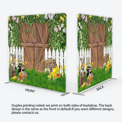 Aperturee - Aperturee Rustic Wooden Barn Door and Picket Fence Square Double-Sided Backdrop Happy Easter Bunnies and Colorful Eggs