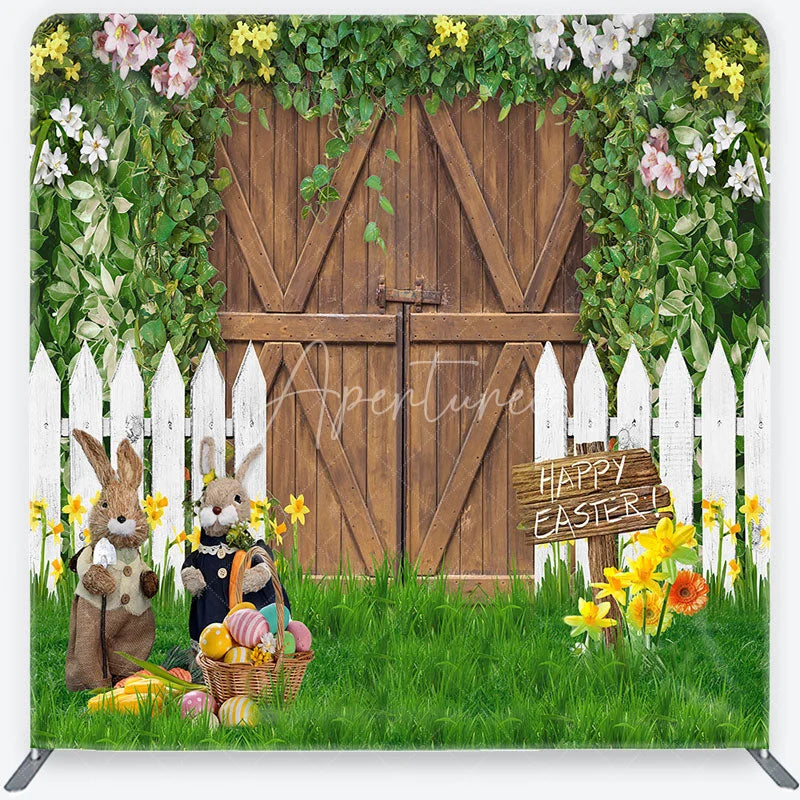 Aperturee - Aperturee Rustic Wooden Barn Door and Picket Fence Square Double-Sided Backdrop Happy Easter Bunnies and Colorful Eggs