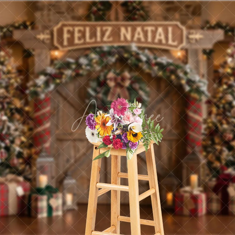 Aperturee - Aperturee Rustic Wooden Barn Door Holiday Backdrop with Christmas Trees Nutcrackers and Feliz Natal Sign for Festive Parties
