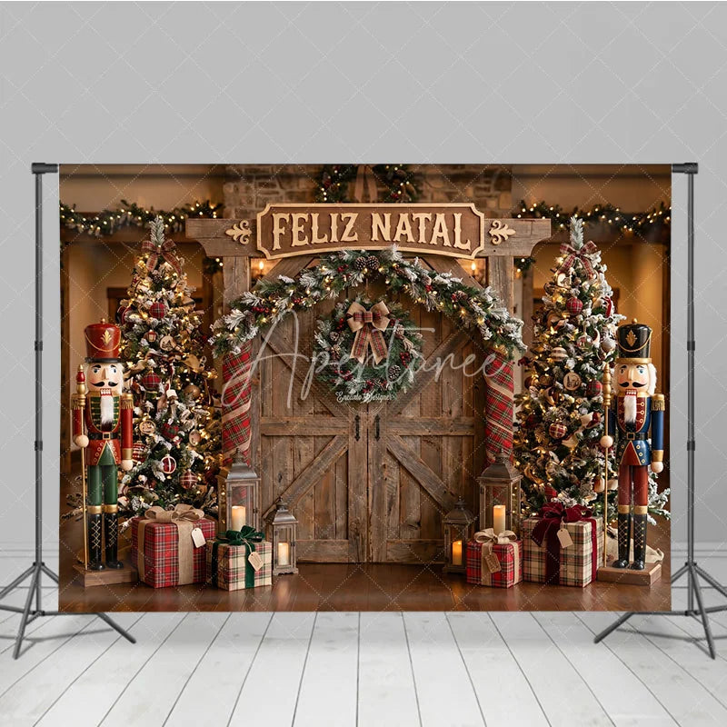 Aperturee - Aperturee Rustic Wooden Barn Door Holiday Backdrop with Christmas Trees Nutcrackers and Feliz Natal Sign for Festive Parties