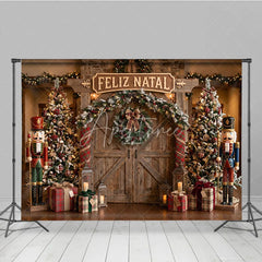 Aperturee - Aperturee Rustic Wooden Barn Door Holiday Backdrop with Christmas Trees Nutcrackers and Feliz Natal Sign for Festive Parties