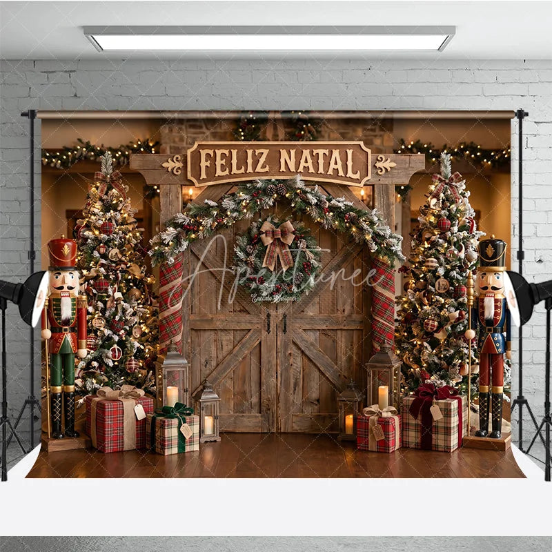 Aperturee - Aperturee Rustic Wooden Barn Door Holiday Backdrop with Christmas Trees Nutcrackers and Feliz Natal Sign for Festive Parties