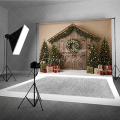 Aperturee - Aperturee Rustic Wooden Barn Door Holiday Backdrop with Christmas Trees Wreath Garland and Gifts Winter Festive Decor