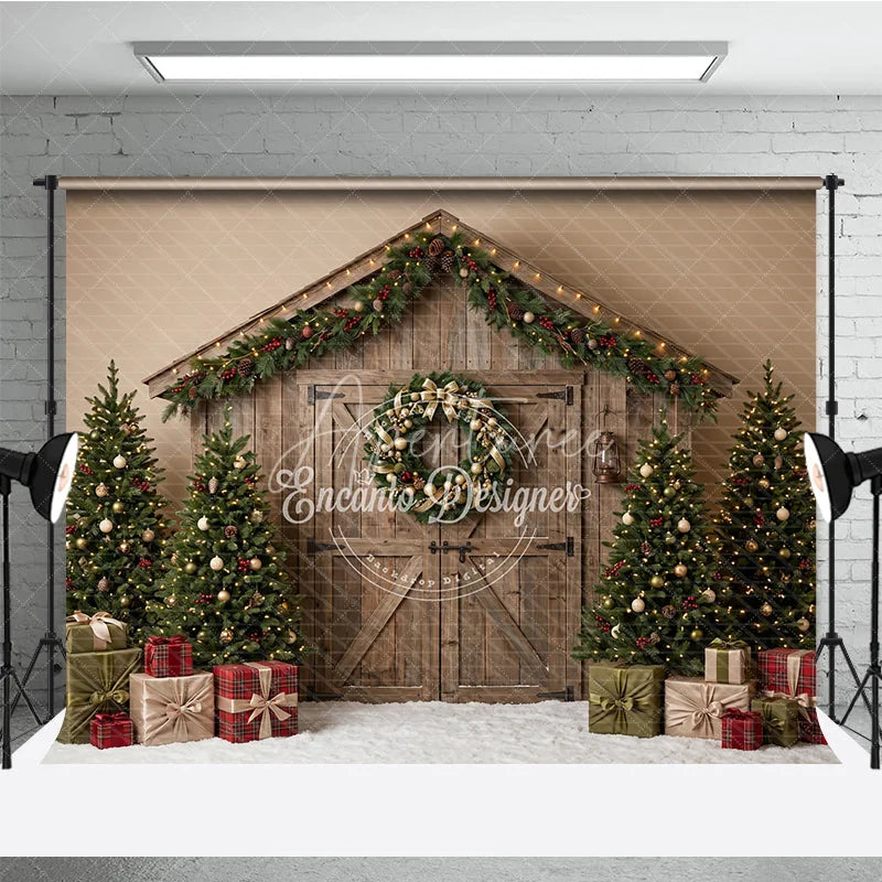 Aperturee - Aperturee Rustic Wooden Barn Door Holiday Backdrop with Christmas Trees Wreath Garland and Gifts Winter Festive Decor