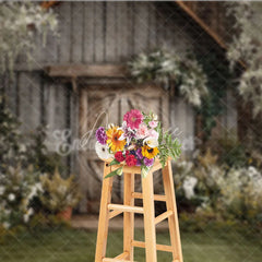 Aperturee - Aperturee Rustic Wooden Barn Door Photography Backdrop with Lush Greenery and White Flowers Enchanting Garden Scene