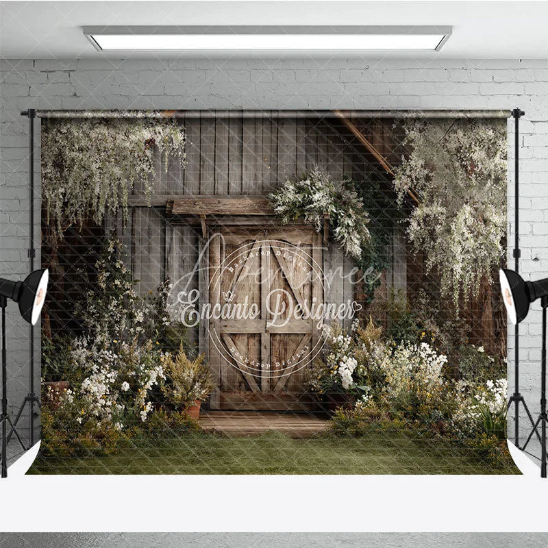 Aperturee - Aperturee Rustic Wooden Barn Door Photography Backdrop with Lush Greenery and White Flowers Enchanting Garden Scene