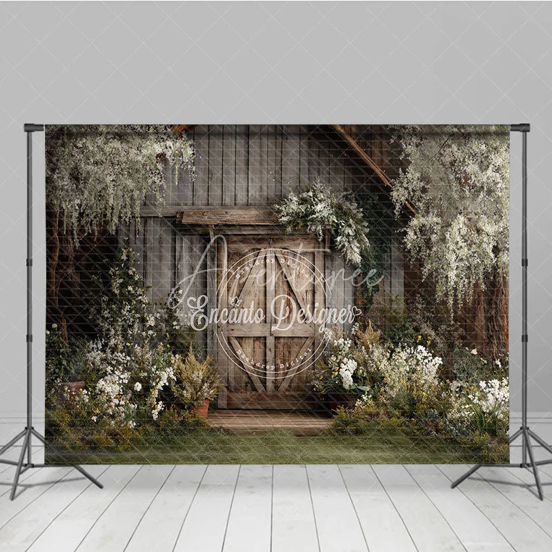 Aperturee - Aperturee Rustic Wooden Barn Door Photography Backdrop with Lush Greenery and White Flowers Enchanting Garden Scene
