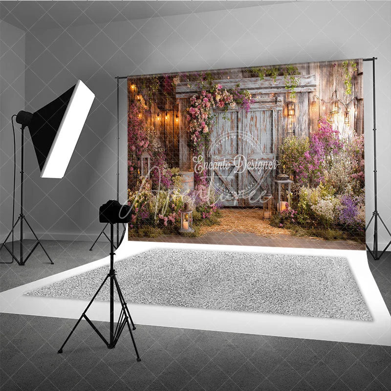 Aperturee - Aperturee Rustic Wooden Barn Door Photography Backdrop with Pink and Purple Floral Arrangements Enchanted Garden String Lights