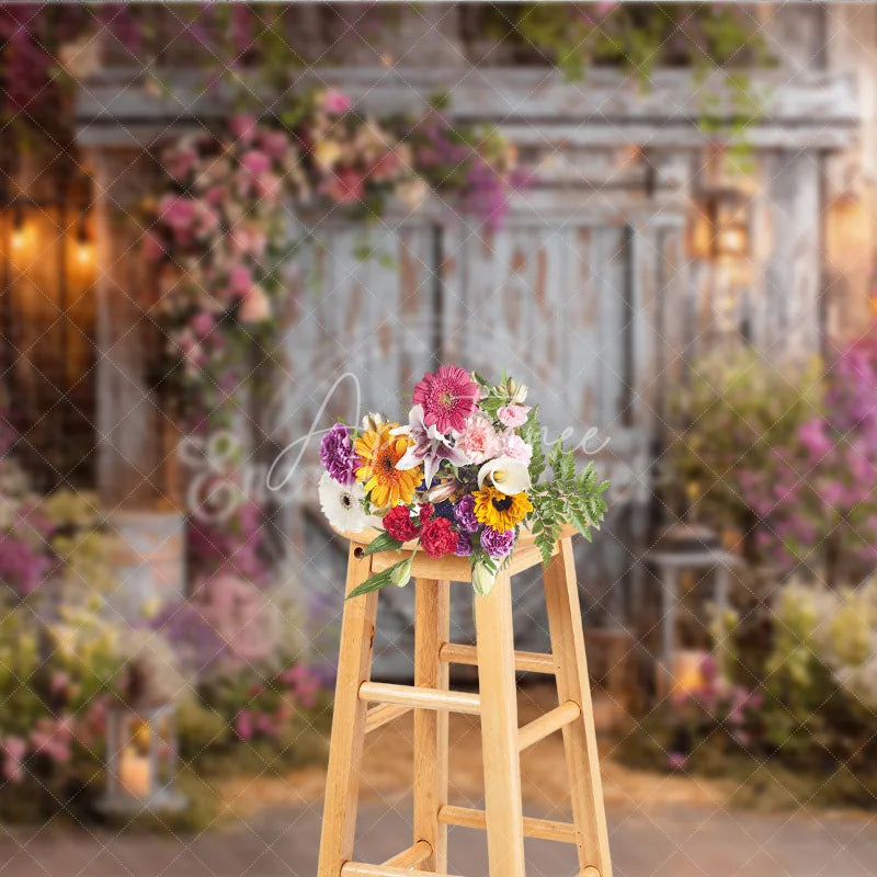 Aperturee - Aperturee Rustic Wooden Barn Door Photography Backdrop with Pink and Purple Floral Arrangements Enchanted Garden String Lights