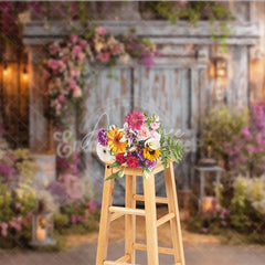 Aperturee - Aperturee Rustic Wooden Barn Door Photography Backdrop with Pink and Purple Floral Arrangements Enchanted Garden String Lights