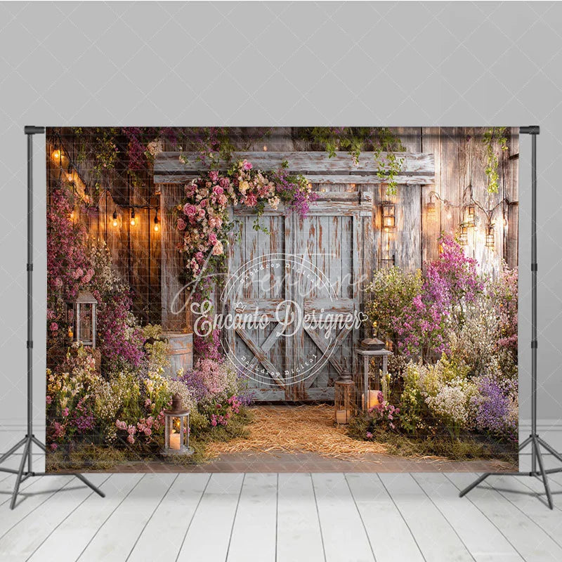 Aperturee - Aperturee Rustic Wooden Barn Door Photography Backdrop with Pink and Purple Floral Arrangements Enchanted Garden String Lights