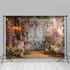 Aperturee - Aperturee Rustic Wooden Barn Door Photography Backdrop with Pink and Purple Floral Arrangements Enchanted Garden String Lights