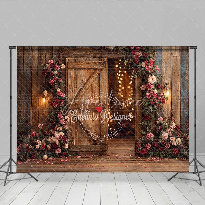 Aperturee - Aperturee Rustic Wooden Barn Door Photography Backdrop with Pink and Red Roses Romantic Floral Garland and String Lights