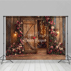 Aperturee - Aperturee Rustic Wooden Barn Door Photography Backdrop with Pink and Red Roses Romantic Floral Garland and String Lights