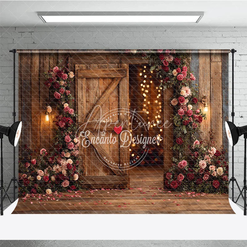 Aperturee - Aperturee Rustic Wooden Barn Door Photography Backdrop with Pink and Red Roses Romantic Floral Garland and String Lights