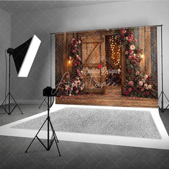 Aperturee - Aperturee Rustic Wooden Barn Door Photography Backdrop with Pink and Red Roses Romantic Floral Garland and String Lights