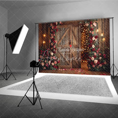 Aperturee - Aperturee Rustic Wooden Barn Door Photography Backdrop with Red and Pink Roses and Warm String Lights for Romantic Valentine’s