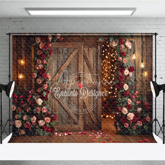 Aperturee - Aperturee Rustic Wooden Barn Door Photography Backdrop with Red and Pink Roses and Warm String Lights for Romantic Valentine’s