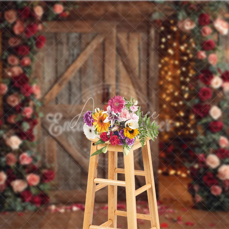 Aperturee - Aperturee Rustic Wooden Barn Door Photography Backdrop with Red and Pink Roses and Warm String Lights for Romantic Valentine’s