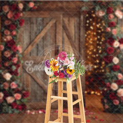 Aperturee - Aperturee Rustic Wooden Barn Door Photography Backdrop with Red and Pink Roses and Warm String Lights for Romantic Valentine’s