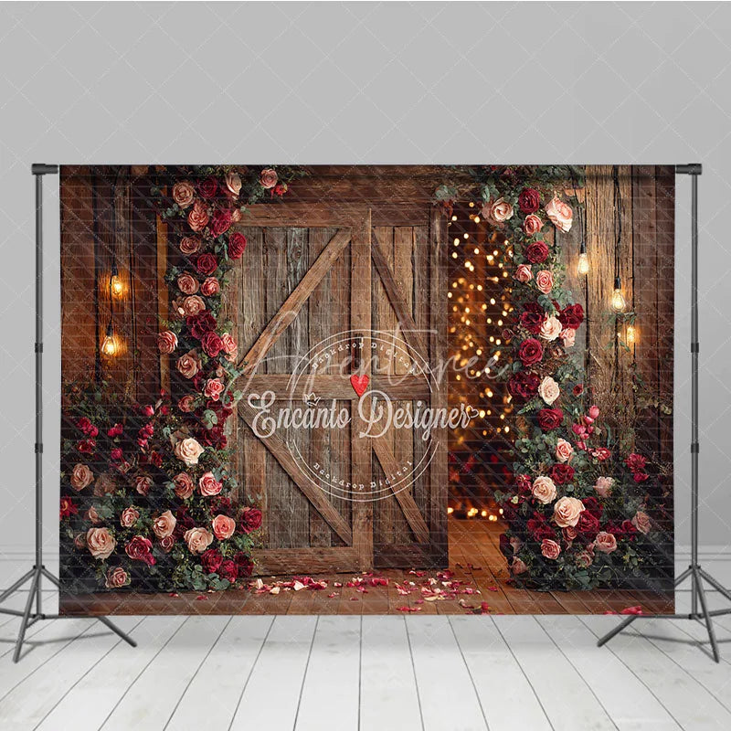 Aperturee - Aperturee Rustic Wooden Barn Door Photography Backdrop with Red and Pink Roses and Warm String Lights for Romantic Valentine’s