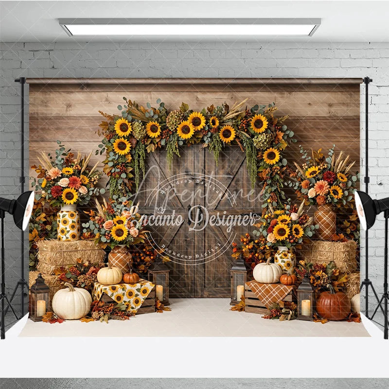 Aperturee - Aperturee Rustic Wooden Barn Door Photography Backdrop with Sunflower Garland Autumn Fall Harvest Decor Pumpkins and Hay Bales
