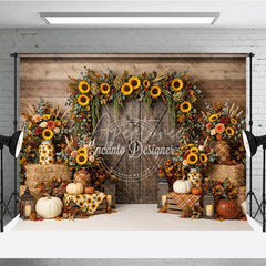 Aperturee - Aperturee Rustic Wooden Barn Door Photography Backdrop with Sunflower Garland Autumn Fall Harvest Decor Pumpkins and Hay Bales
