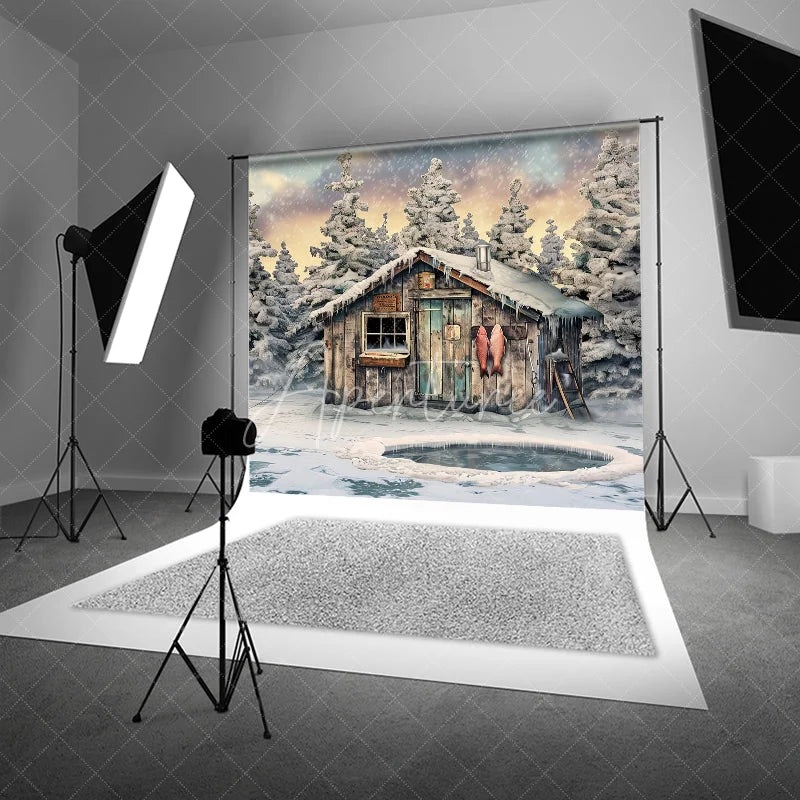 Aperturee - Aperturee Rustic Wooden Cabin and Snowy Pine Trees Photography Backdrop Winter Ice Fishing Scene with Hanging Fish