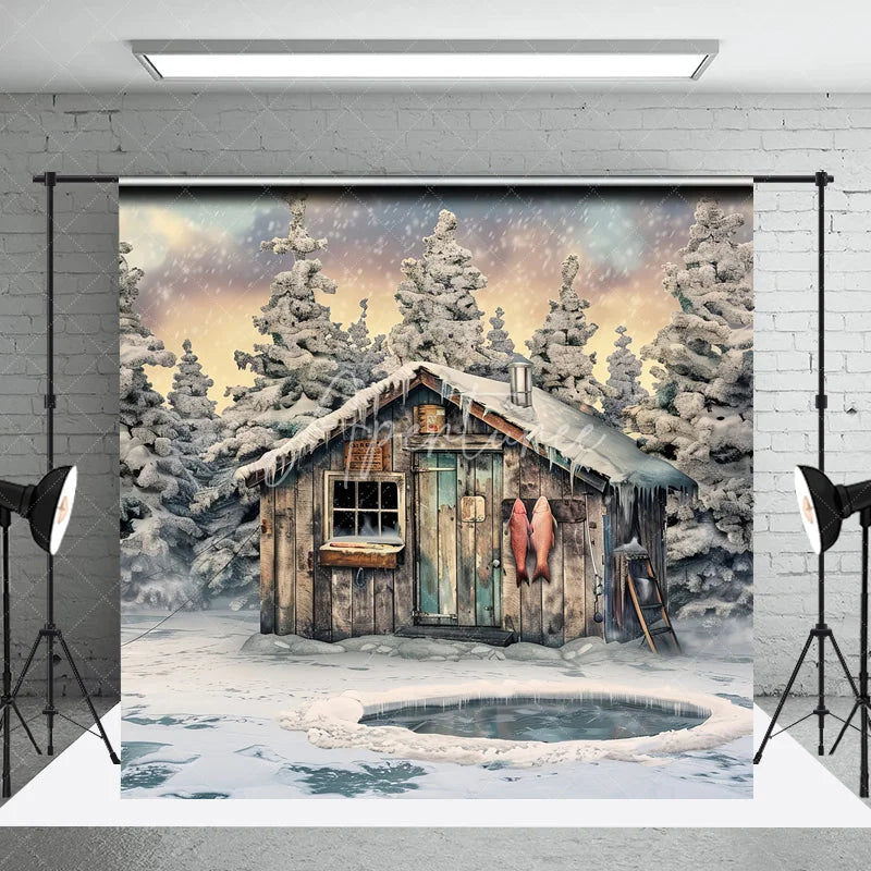 Aperturee - Aperturee Rustic Wooden Cabin and Snowy Pine Trees Photography Backdrop Winter Ice Fishing Scene with Hanging Fish