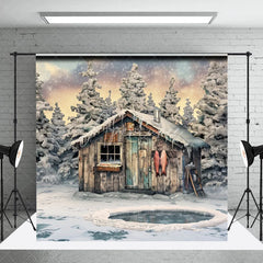 Aperturee - Aperturee Rustic Wooden Cabin and Snowy Pine Trees Photography Backdrop Winter Ice Fishing Scene with Hanging Fish