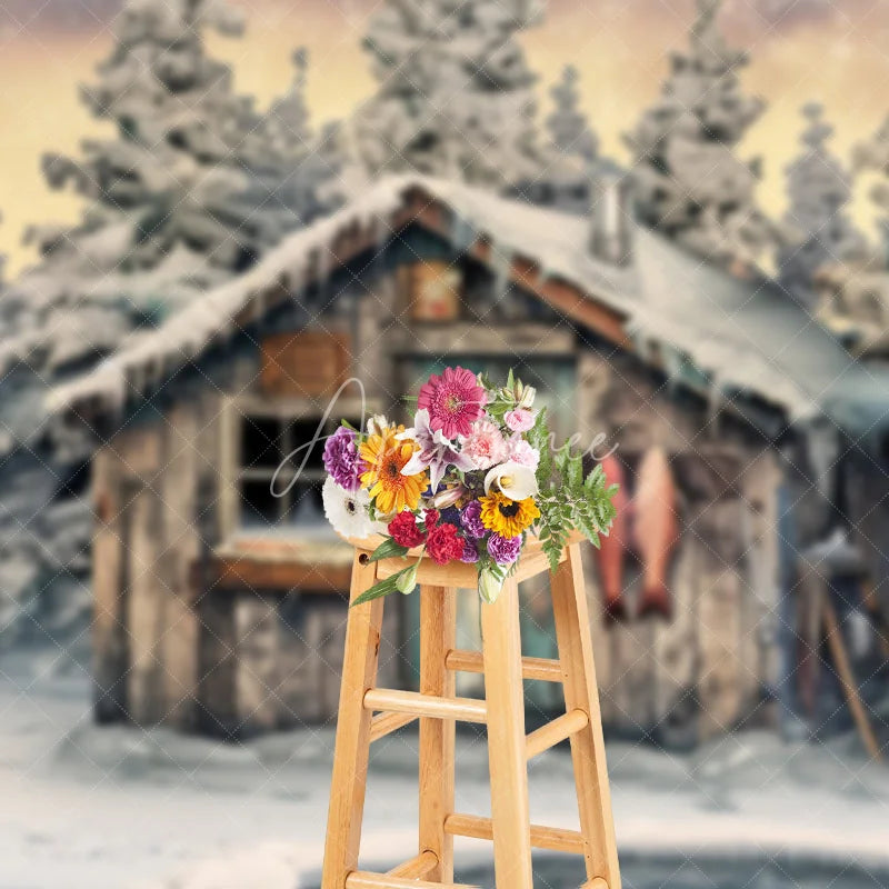 Aperturee - Aperturee Rustic Wooden Cabin and Snowy Pine Trees Photography Backdrop Winter Ice Fishing Scene with Hanging Fish
