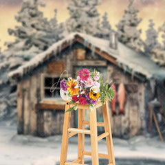 Aperturee - Aperturee Rustic Wooden Cabin and Snowy Pine Trees Photography Backdrop Winter Ice Fishing Scene with Hanging Fish