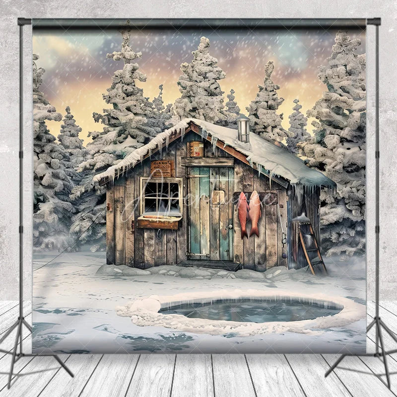Aperturee - Aperturee Rustic Wooden Cabin and Snowy Pine Trees Photography Backdrop Winter Ice Fishing Scene with Hanging Fish