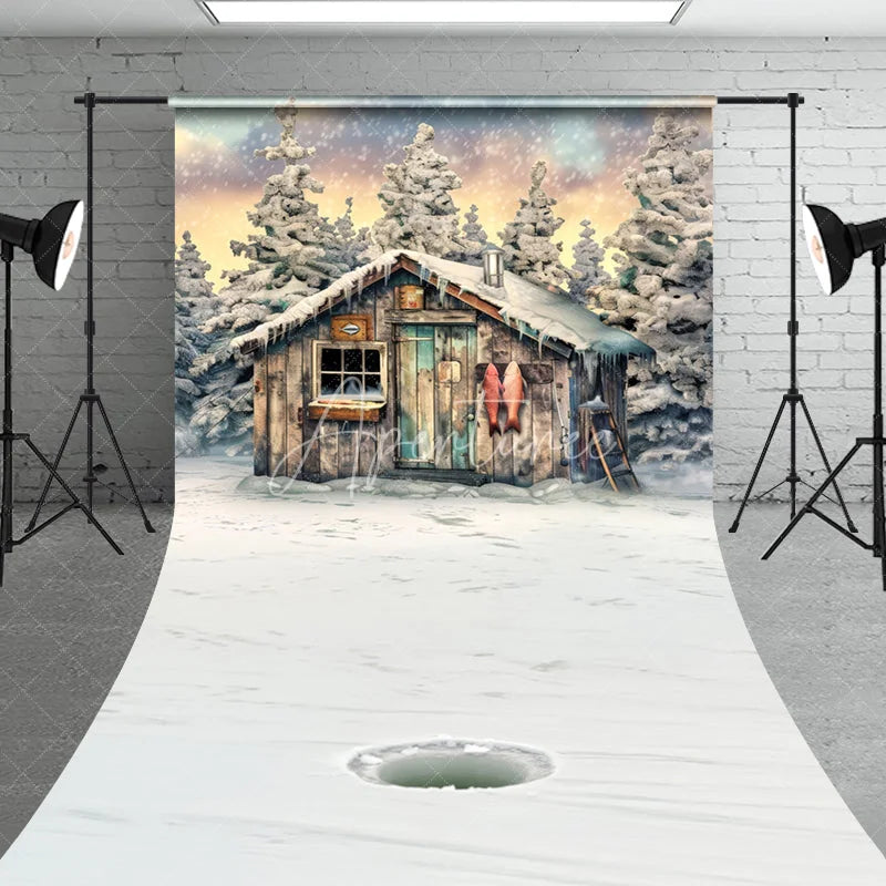 Aperturee - Aperturee Rustic Wooden Cabin and Snowy Pine Trees Sweep Backdrop Winter Ice Fishing Scene Photography Prop