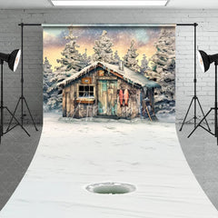 Aperturee - Aperturee Rustic Wooden Cabin and Snowy Pine Trees Sweep Backdrop Winter Ice Fishing Scene Photography Prop