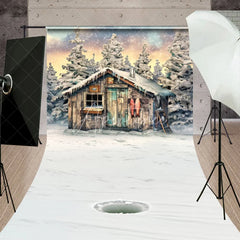 Aperturee - Aperturee Rustic Wooden Cabin and Snowy Pine Trees Sweep Backdrop Winter Ice Fishing Scene Photography Prop