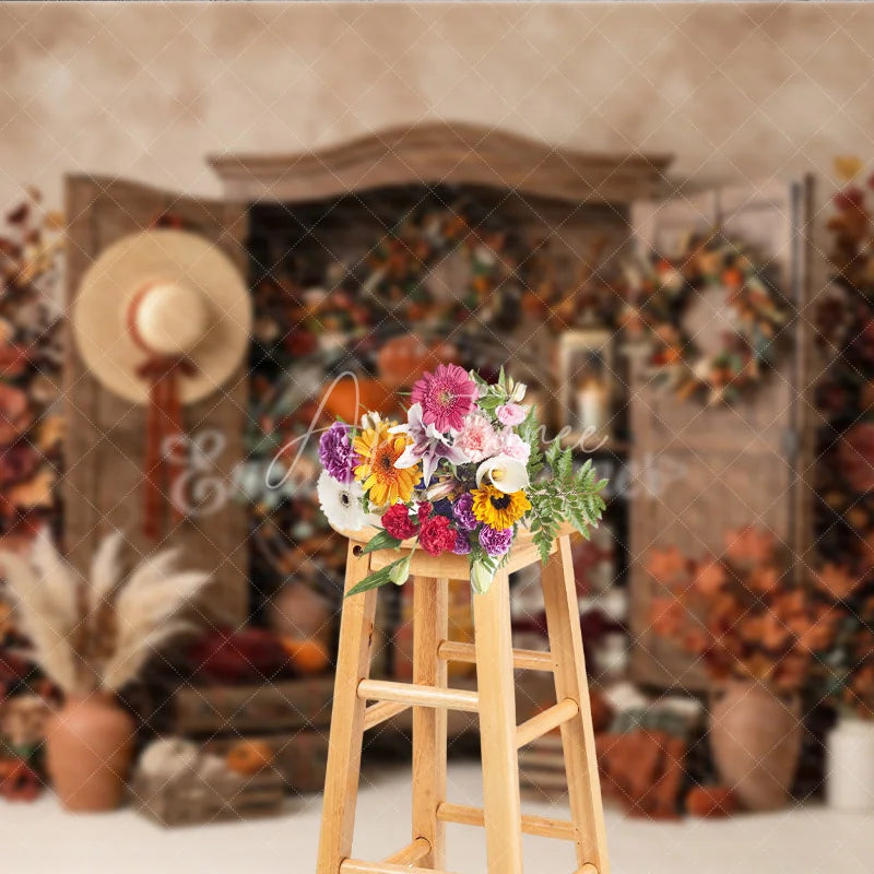 Aperturee - Aperturee Rustic Wooden Cabinet Autumn Photography Backdrop with Pumpkins Fall Foliage and Wreaths Cozy Harvest Theme