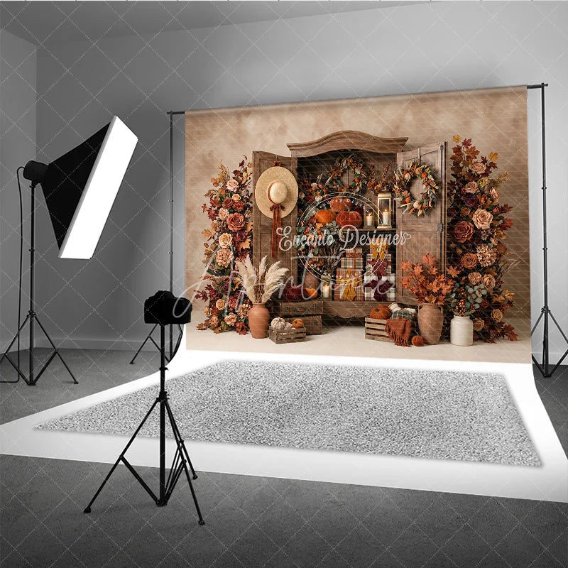 Aperturee - Aperturee Rustic Wooden Cabinet Autumn Photography Backdrop with Pumpkins Fall Foliage and Wreaths Cozy Harvest Theme