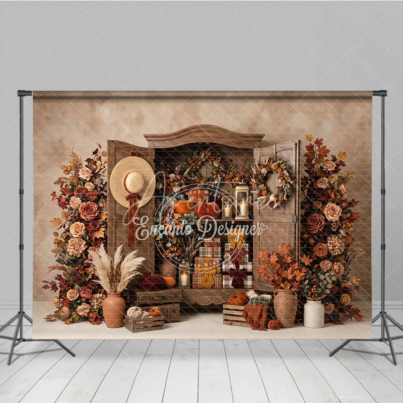 Aperturee - Aperturee Rustic Wooden Cabinet Autumn Photography Backdrop with Pumpkins Fall Foliage and Wreaths Cozy Harvest Theme