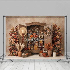Aperturee - Aperturee Rustic Wooden Cabinet Autumn Photography Backdrop with Pumpkins Fall Foliage and Wreaths Cozy Harvest Theme
