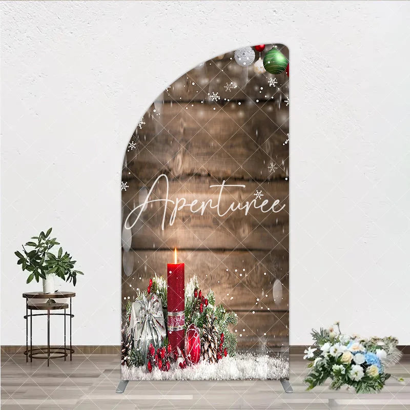 Aperturee - Aperturee Rustic Wooden Christmas Half Moon Arch Backdrop with Ornaments Snowflakes Candle and Gift for Winter Holiday Party