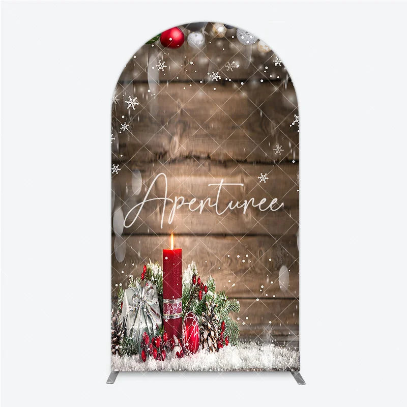 Aperturee - Aperturee Rustic Wooden Christmas Ornaments Red Candle Pine Snow Round Top Arch Backdrop Winter Holiday Party Decor
